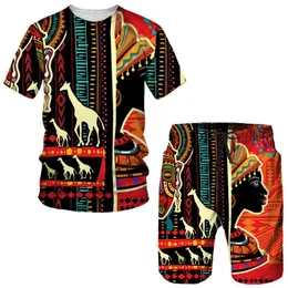 2022 Sommar 3D afrikanskt tryck T-shirt Shorts Kostymer Mode Etnisk stil Par Outfits Hip Hop Streetwear Män Dam Träningsoverall Set