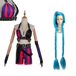 LOL Crit Loli Jinx Cosplay Costume Halloween Carnival Tube Top Necklace Gloves Outfits Wig Shoes