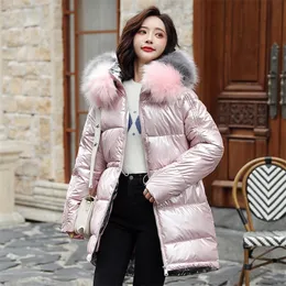 Women's Long Puffer Coat Solid Casual Winter Jacket Women Hooded With Fur Collar Shiny Cotton Padded Plus Size Thick Parkas 201019