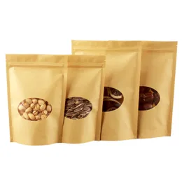 100pcs Thick Stand up Kraft Paper Clear Oval Window Zip Lock Bag Resealable Coffee Powder Snack Cereals Candy Bakery Sugar Gifts Packaging Storage Pouches