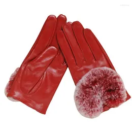 Fem fingrarhandskar Autumn Winter Women's Leather 100% Real Rex Fur äkta fårskinn Mittens Kort stycke