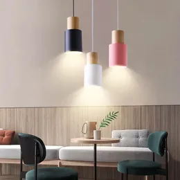 Lampy wiszące sznur badawcze światła drewniane kolorowe żelazne urządzenie kuchnia lsland bar elarlor czarny biały e27 LED Hang Lamppendant