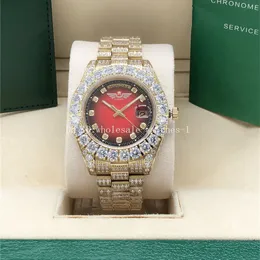 9 Style Watch Full Diamond Red Dail Presidente 228238 228239 Sapphire Big Diamond Bezel 43mm 18k Gold Men Automático Avanados de pulso com caixa original