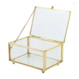 Jewelry Pouches Bags Vintage Minimalist Box Golden Metal Frame Clear Glass With Lids Hinge Chains Decorative Storage Display For Dropship Ed