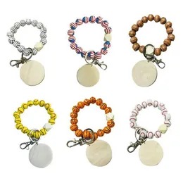 9 Styles Beaded Keychain Pendant Wrist Keyring Sports Ball Soccer Baseball Basketball Wooden Bead Bracelet Keychain