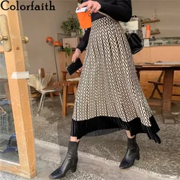Colorfaith Knitting Vintage High Waist Elegant Letter Pleated Patchwork Spring Autumn Women Skirts Long Skirt SK3332 220317