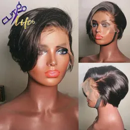 Pixie Cut Krótki bob falera po stronie koronkowe ludzkie włosy peruki dla kobiet Brazylijczyka wstępnie wysponane z babyhair Virgin Remy Hair