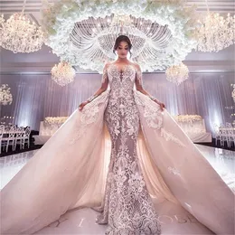 Saudi Stunning Arabia Dubai Mermaid Wedding Gowns With Detachable Train Sheer Neck Long Sleeves Bridal Dresses Lace Appliqued Vestidos De Novia Plus Size