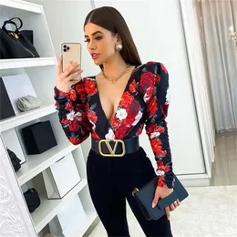 Spring Elegant Boho Print Bodysuits Rompers Women Jumpsuits Puff Sleeve Skinny Sexy V-neck Bodies Ladies Casual Overalls 220714