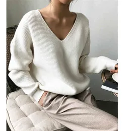 JXMYY autumn Korean version of simple V-neck loose wild loose under the lazy wind irregular solid color base sweater 210412