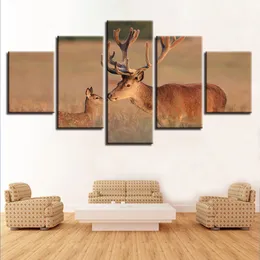 Multi-horned male elk and its Children Canvas HD Prints Posters Home Decor Wall Art Pictures 5 Pieces KIT Paintings No Frame