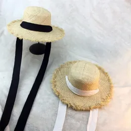 Summer Women Beach Black White Ribbon Bow Raffia Temperament Flat Cap Straw S Womens Seaside Hat 220526