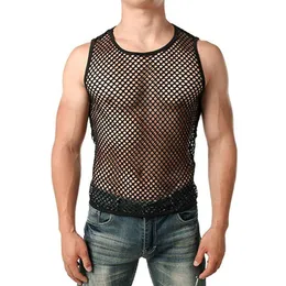 Malha pura fishnet tank tops verão oco ginásio treinamento superior masculino sexy peixe líquido muscular magro ajuste t tanques colete kg-66 w220426