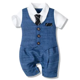 Baby Boy Clothes Cotton Handsome Rompers Little Gentleman Tie Outfit born Clothing Button Jumpsuit Party Suit Dress 220326