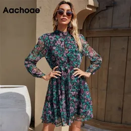 Aachoae Chic Hollow Out Mini Elbise Boho Çiçek Baskı Şifon Partisi Elbise Piled Kollu Çırpma Dres Sundress Vestidos 220516