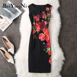 Beiyingni Summer Bodycon Dress Floral Printed Sleeveless Slim Elastic Fashion 40 Colors Sundres Vintage OL Vestidos 220518