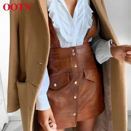 OOTN Brown Pu Leather Mini Skirt Women High Waist A Line Skirt Short Ladies Fashion Pinafore Skirt Female Casual SingleBreasted 210306