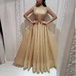 Bling Bling Gold cekinowe sukienki wieczorne muzułmańska formalna sukienka imprezowa wysoka szyja 3/4 rękawy suknie balowe Dubai Long Rleeve Suknie