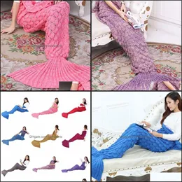 Blankets Home Textiles Garden Mermaid Tail Fish Sofa Bed Warm Blanket Handmade Crocheted Knit Cashmere Yarn Knitted For Tv Drop Delivery 2
