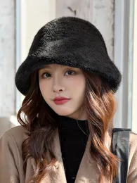 여자 진짜 밍크 모피 버킷 모자 겨울 따뜻한 귀마개 캡 검은 브라운 와인 빨간색