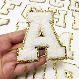 Weiße Buchstaben mit goldenem Glitzer, Chenille-Stoffaufnäher, Handtuch-Stickerei, Regenbogen-Gritt-Alphabet, zum Aufbügeln, Aufkleber, Namen, Kleidung, DIY, schöne Tasche