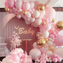 Macaron pembe balon kemer çelenk kiti ile altın beyaz konfeti balon düğün dekorasyonu için bebek duş doğum günü partisi malzemeleri 0614