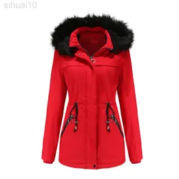 Hiver chaud Parkas manteau femmes nouveau rose rouge noir col de fourrure coton veste décontracté à capuche Plus velours vers le bas coton manteau L220730