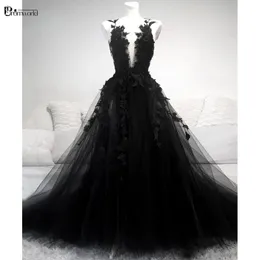 Party Dresses Abendkleider 2022 Floral Gothic Black Evening Lång Formell Kappor A-Line Tulle Lace Blommor Prom Vestidos de Noche