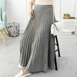 SETWIGG Women's Autumn Draped Rib Pleated Long Knitted Skirt Elegant Winter Wool Blend A-line Knit Elastic Waist 220317