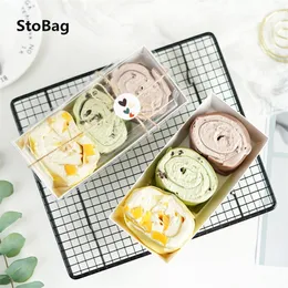 Stobag 10pcs 흰색 케이크 상자 및 포장 투명한 커버 Patisserie 빵 상자 케이크 장식 Kind Baby Shower Gift 201225