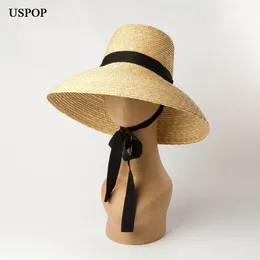 USPOP summer for women natural wheat straw high flat top long ribbon laceup sun wide brim beach hats 220607