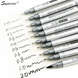 Superior 10st Black Micron Neelde Drawing Pen Waterproof Pigment Fine Line Marker för att skriva HandPaint Anime Art Supplies Y200709