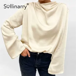 Sollinarry Casual long flare sleeve blouse women Spring highstreet loose keyhole back shirts Button collar femal tops streetwear 210709