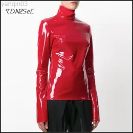 Kadınlar Sahte Patent Deri Bultlenek Üstler Uzun Kollu Gömlek Fermuarı Pvc Highstreet Blugstreet Sıcak Kazak Kırmızı Deri Giysileri L220801