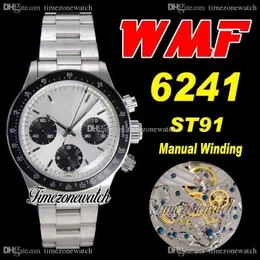 WWF Paul Newman 6241 ST91 Manuell vindkrokografi Mens Watch Circa 1967 Sällsynt Vintage Black Bezel Silver Dial Oystresteel Armband TimezoneWatch Super Edition H8