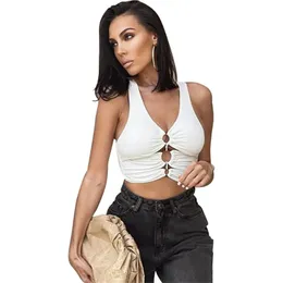 Women's Tanks & Camis Sleeveless Sexy V-Neck Crop Top Hollow Out Ruched O-Ring Front Slim Vest Women Summer Solid Color Casual Bodycon Corse