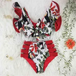 High Waist Bikini Ruffle Swimwear Women Print Sexy Swimsuit Push Up Bikinis Plus Size Bathing Suits Bow Beach Wear 210407