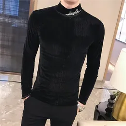 Brittisk stil män t shirt höst stickade t skjortor mens långärmad streetwear smal fit casual turtleneck botten tees skjortor 220714