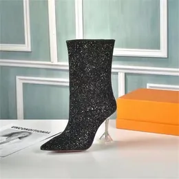 2022 Designers Amina Muaddi Black Stretchy Sock-Style Ankle Boots Sun Bucked Cubic Heel Point Toes Side Zip Leather Sole Booties With Box No387