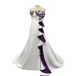 Abiti da sposa vintage in crêpe macchiato bianco e viola 2022 Abito da sposa gotico ricamato a pieghe con fiori fatti a mano senza spalline