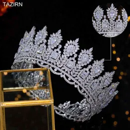 Luksusowy Royal Wedding Round Tiaras Big CZ Korony Arabskie Dla Kobiet Cubic Cyrkonia Duże Arabia Saudyjska Złota Headpiece Biżuteria Włosów AA220323