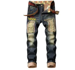 2021 Men Winter Warm Jeans Pants Fleece förstörde rippade denimbyxor tjocka termiska nödställda biker jeans för män kläder