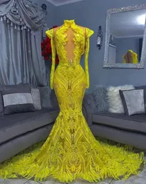 Mermaid evening dresses High Neck Beaded Long Sleeve Yellow Sequin African Black Girls Long Prom Dress robes paillettes