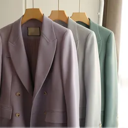 En Kaliteli Yeni Casual Kadın Tüvit Blazer Vintage Ofis Lady Ceket Tasarımcı Ceket Zarif Çift Göğüslü İlkbahar Sonbahar Giyim Kadın Chic Tops