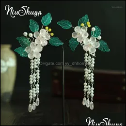 Hair Clips Barrettes Jewelry Niushuya Handmade Chinese Vintage Green Leaf Flower Clip Tassel Hairpin Sticks Accessories Hanfu Cosplay Drop