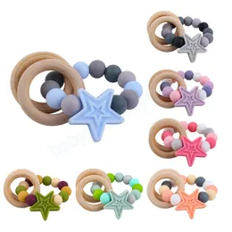 Baby Wood Teether Ring Soild Color Pentagram Silicone Beds Bracelelet Stick Stick Alimento Soother ToothEste recém -nascido Toy Chew