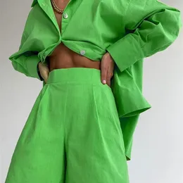 Tiulzial Casual Women Short Set Tracksuit Loungewear 2 피스 여성 의상 대형 긴 셔츠 및 High Waist Shorts Green 220526