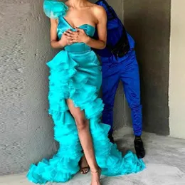 Teal Blue One Counter Mermaid Prom Dresses African Robe de Soiree Organza tierred Front Pride Split Drumples Long Evening Dress 2022