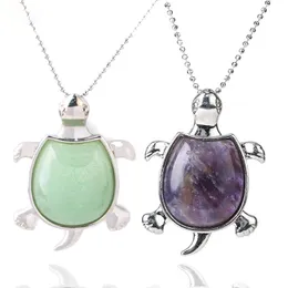 Naturstensköldpadda Hängsmycke Halsband Healing Rosa Crystal Amethysts Animal Turtle Charm Halsband för kvinnor Män