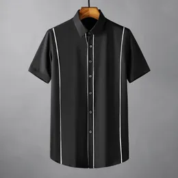 Bawełna męskie koszule luksusowy kontrast kolor wiązanie z krótkim rękawem Business casual męskie sukienki slim fit party man shirty